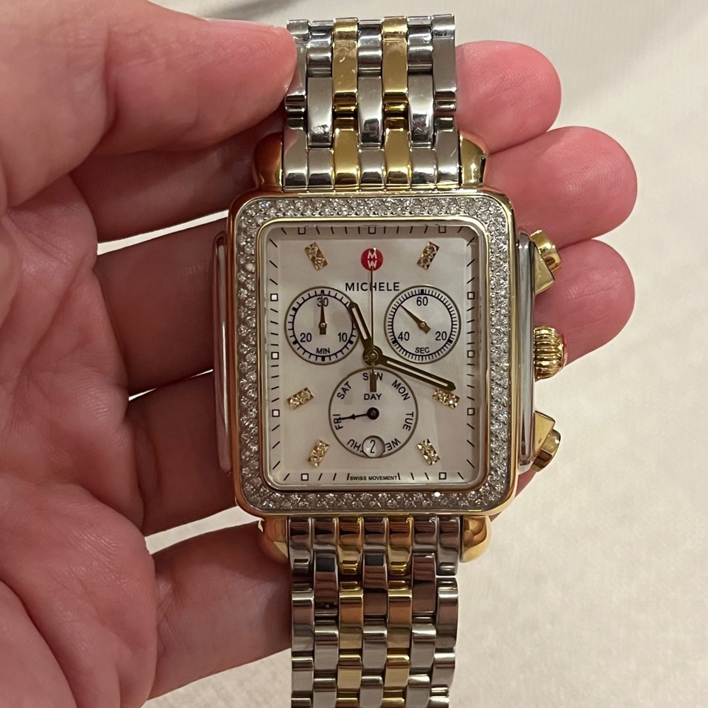Michele Special-Edition Deco XL Two-Tone 18K Gold Diamond Dial watch
